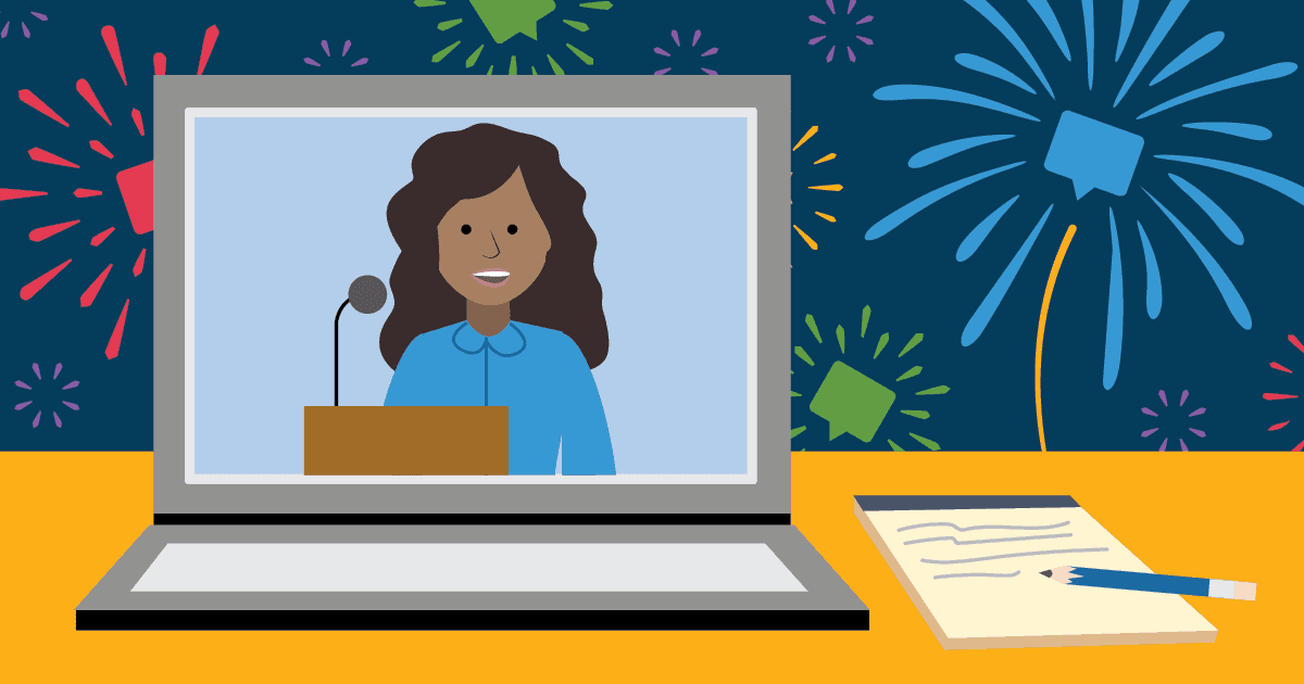 Illustration of an open laptop with a conference presenter onscreen and fireworks in the background