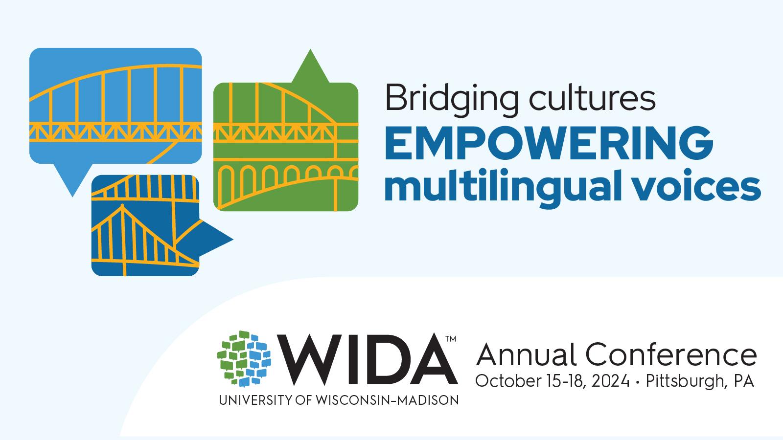 words bridging cultures empowering multilingual voices and illustration of three speech bubbles with bridges inside