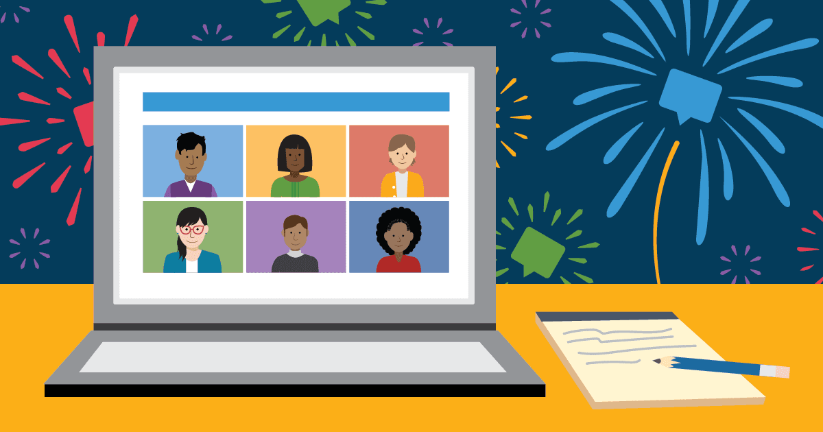 illustration of open laptop with panel of speakers on screen and fireworks in background